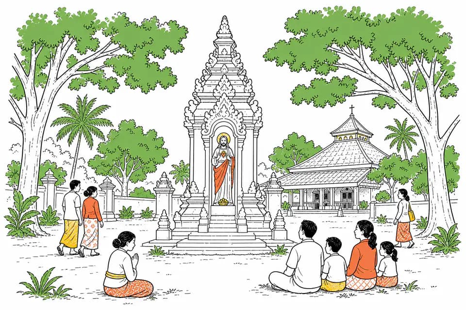Ilustrasi Candi Hati Kudus Yesus Ganjuran dengan pepohonan dan peziarah duduk berdoa