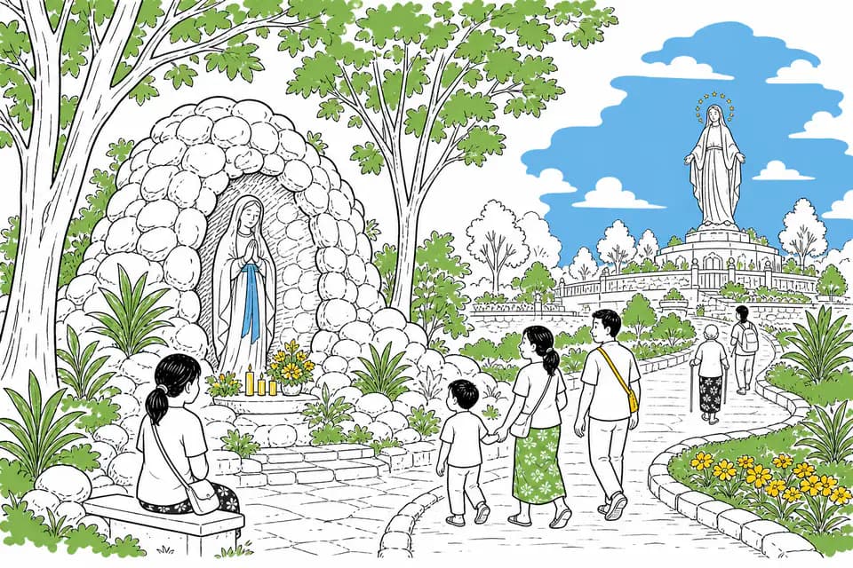 Ilustrasi Gua Maria Kerep Ambarawa dengan gua batu, taman, dan patung Maria Assumpta
