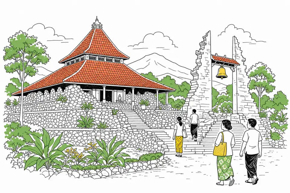 Ilustrasi Gereja Pohsarang Kediri dengan atap khas, dinding batu, dan peziarah di halaman
